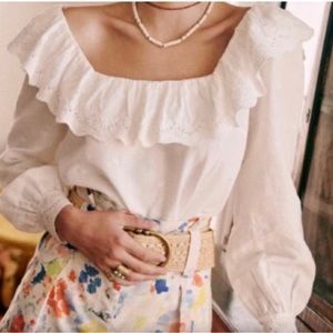 Sezane Franceska White Lace Linen Blend Top Size 36